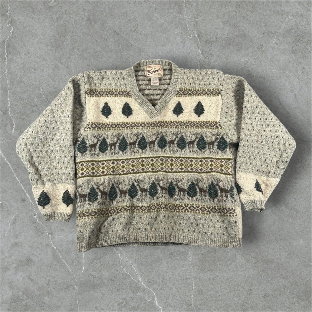 Woolrich V-Neck Sweater Women Large Gray Fair Isle Deer Pine Tree Knit Christmas